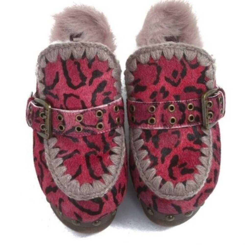 MOU Leopard Pink Pony Hair Shearling Platform Clogs 37 - Picture 4 of 13